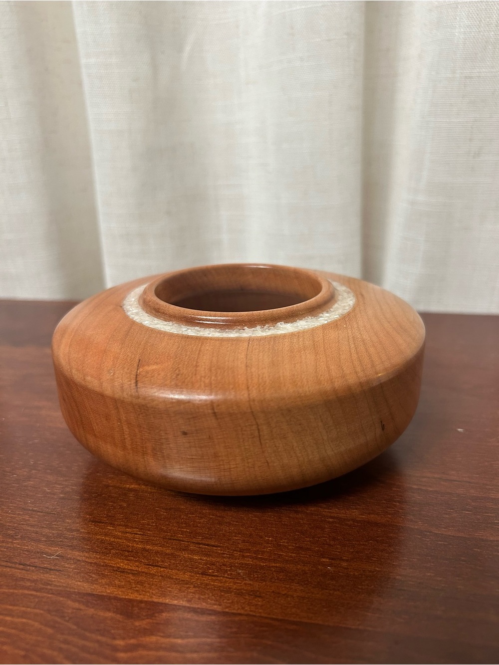 Handcrafted Cherry Wood Vase with Abalone Shell Inlay Artisan Turned Bowl Decor